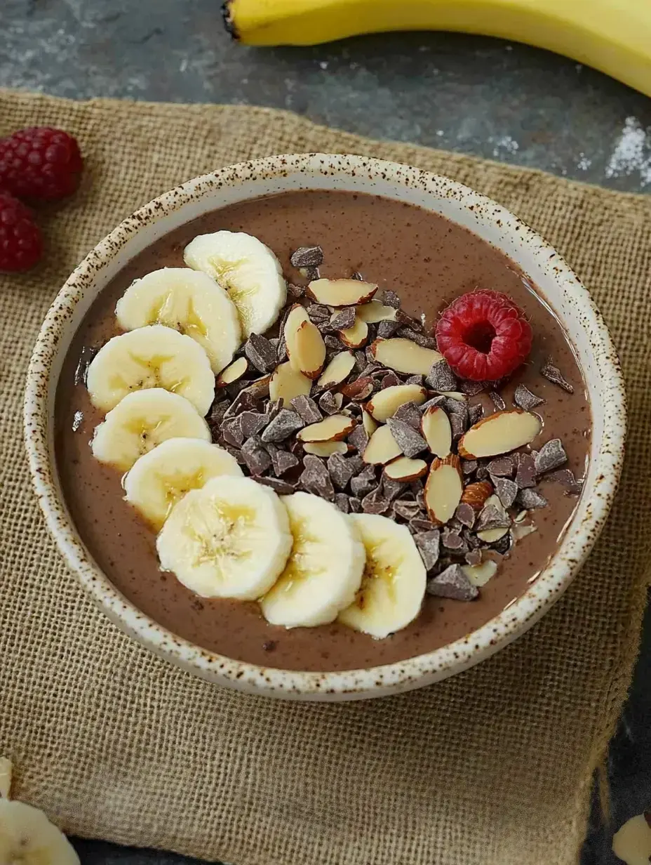 Eine Bowl mit schokoladiger Smoothie-Basis, geschmückt mit Bananen, Himbeeren, Mandeln und Schokostückchen, angerichtet auf grobem Stoff.
