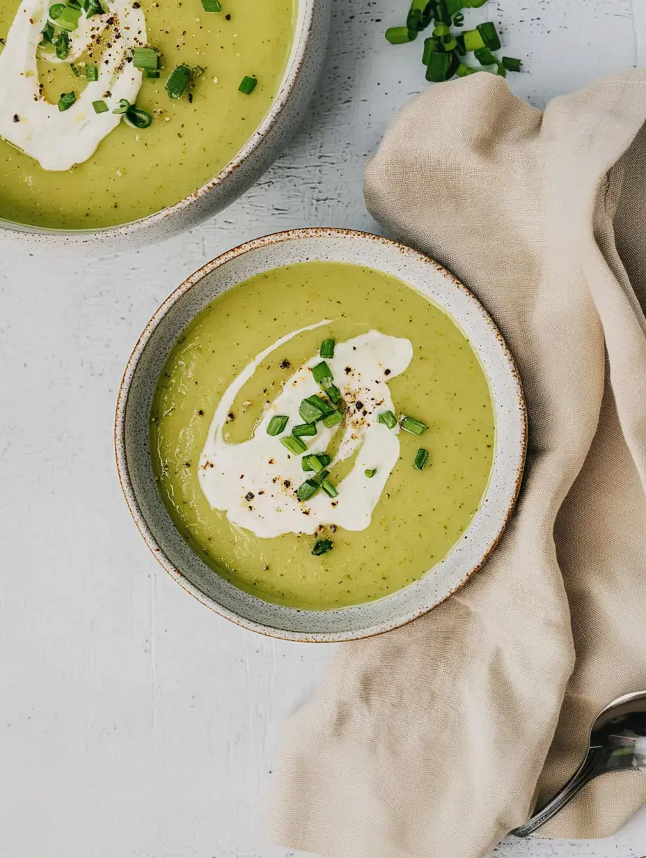 Zwei Bowls gefüllt mit cremiger grüner Suppe, garniert mit Schnittlauch und saurer Sahne, alles auf hellem Hintergrund platziert.