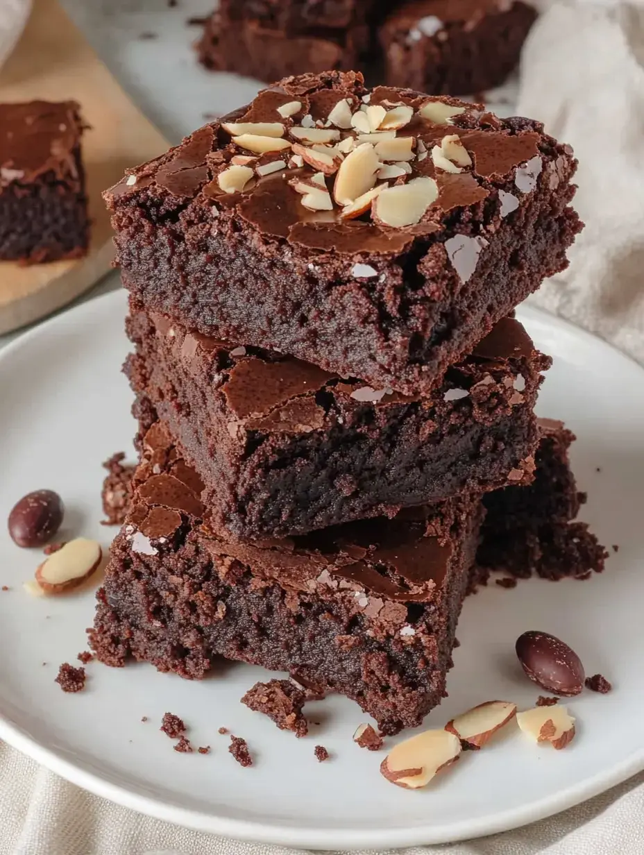Drei dicke Schokobrownies mit Mandelsplittern auf weißem Teller.