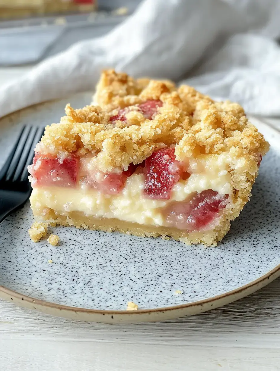 Ein Stück Dessert mit einer Schicht aus Pudding und frischen Früchten, bedeckt mit einer knusprigen Streuselschicht, auf einem grauen Teller.