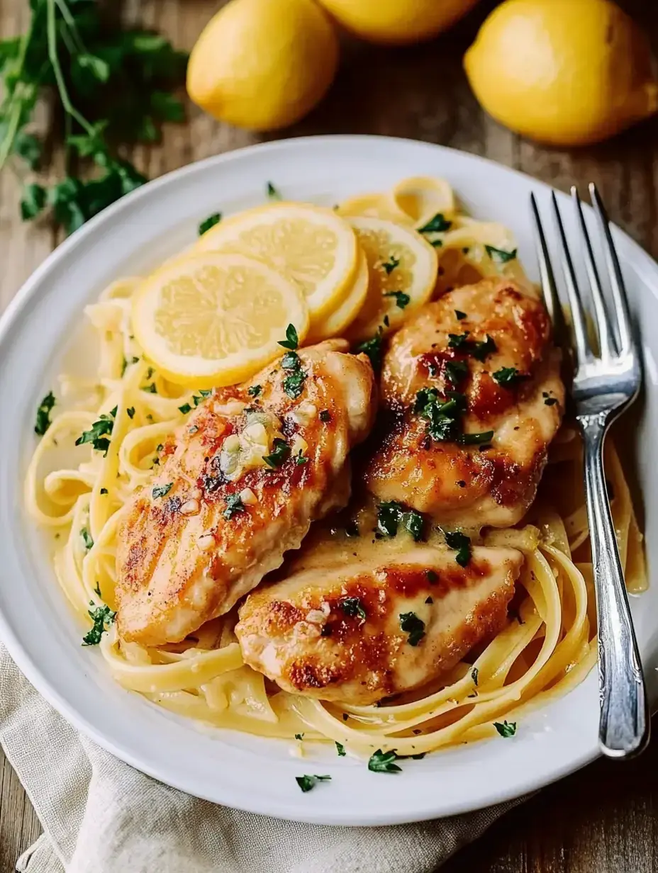 Gebratenes Hähnchenfilet auf Spaghetti, mit Zitronenscheiben und viel frischer Kräuter obenauf.