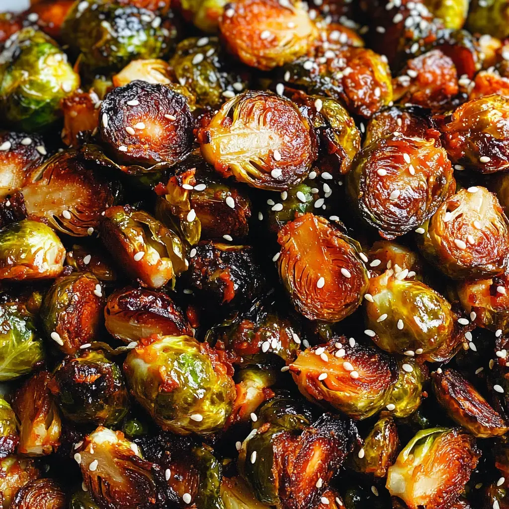 Knuspriger, gerösteter Rosenkohl mit Sesam, goldbraun gebacken.