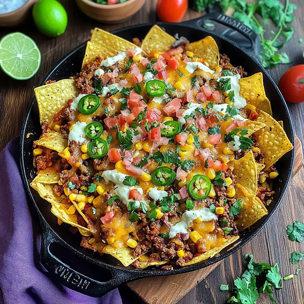 Leckere Pfanne mit Nachos, Hack, Käse, Tomaten, Jalapeños, Mais und etwas Koriander garniert.