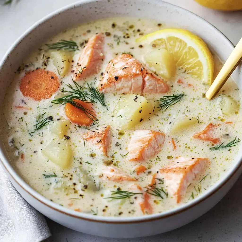 Cremige Suppe mit Lachsstücken, Zitronenscheiben und Dill dekoriert, alles in einer Schüssel.