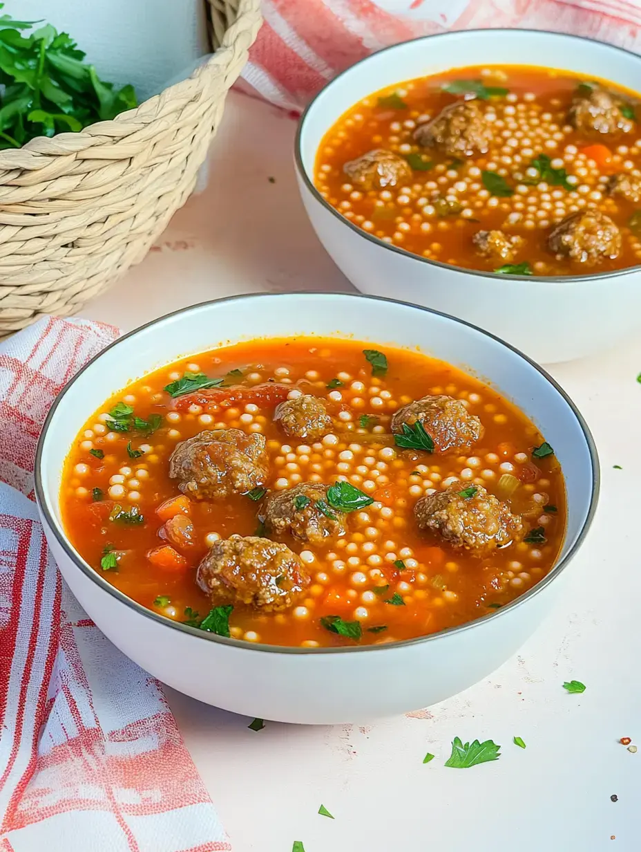 Zwei Schüsseln Tomaten-Eintopf, verfeinert mit kleinen Hackbällchen, feinperliger Couscous und frische Kräuter obendrauf.