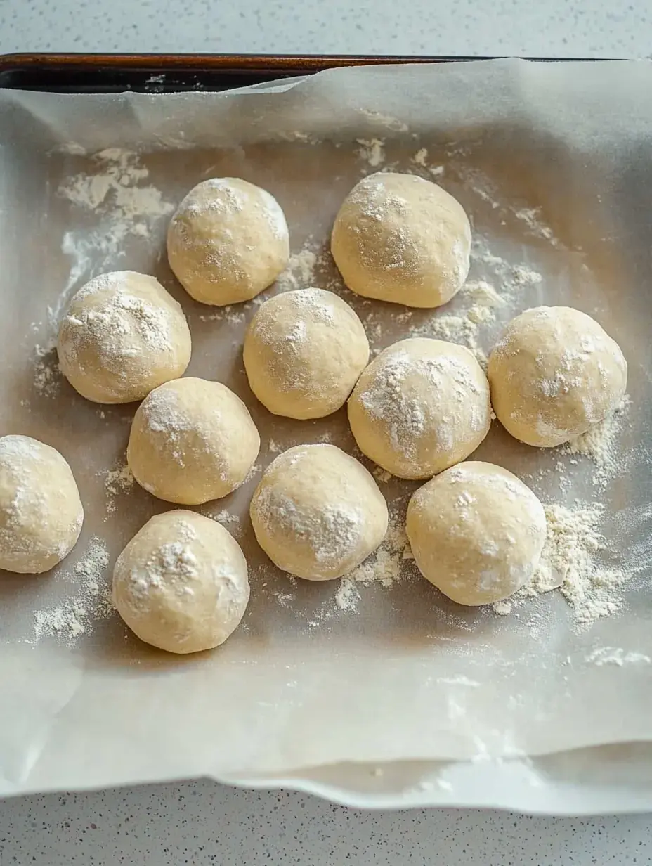 Auf einem Backblech liegen zwölf runde, mit Mehl bestäubte Teigbälle.