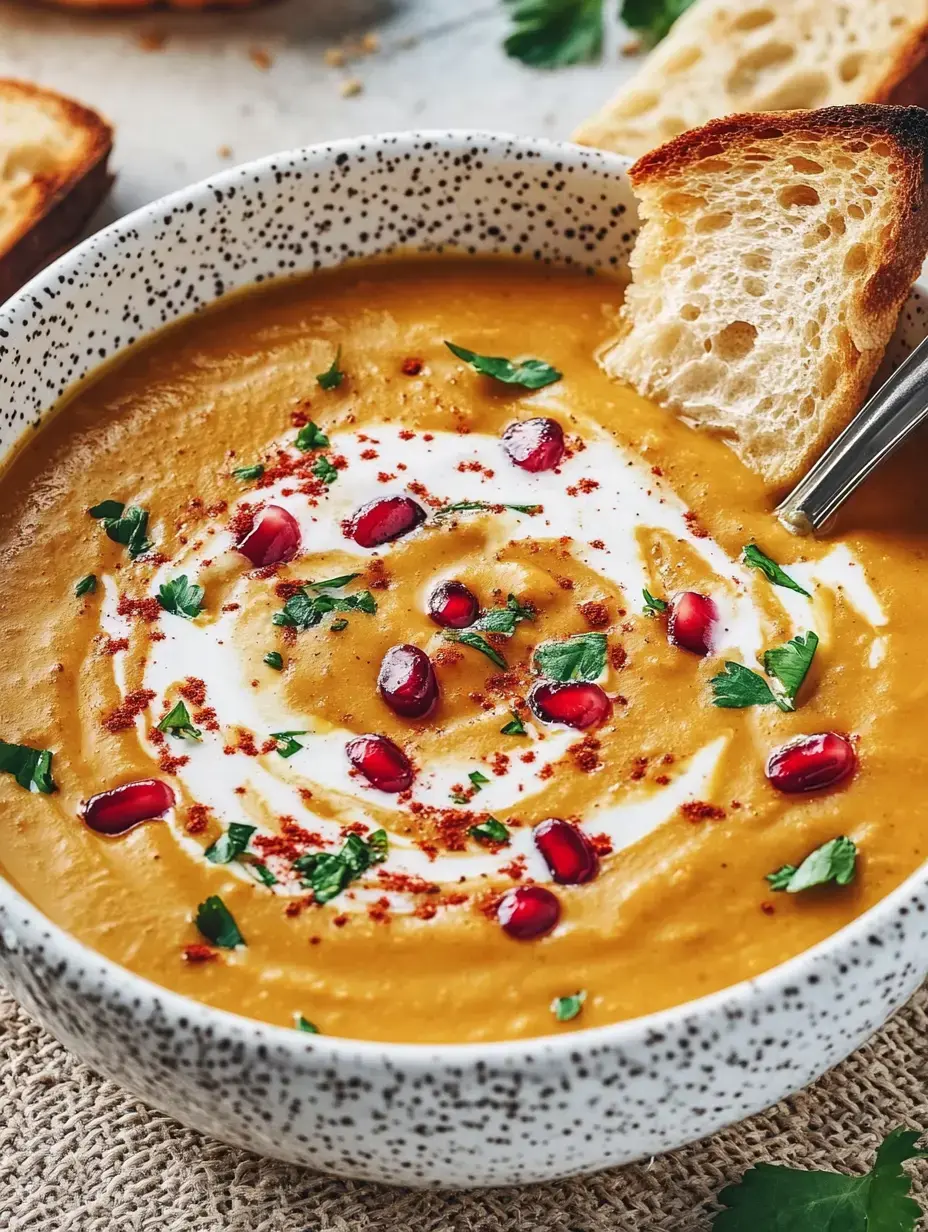 Eine große Schale voll samtiger Kürbissuppe, oben drauf Sahne, Granatapfel, frische Kräuter und dazu gebackenes Brot.