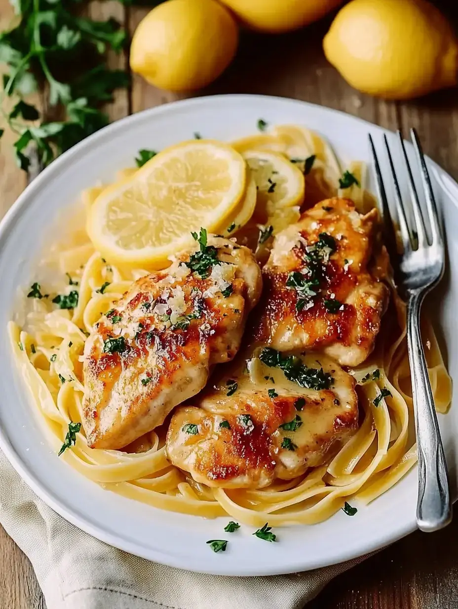 Ein saftiges Hähnchenfilet knusprig gebraten auf Spaghetti, dazu Zitronenscheiben und frische Kräuter.