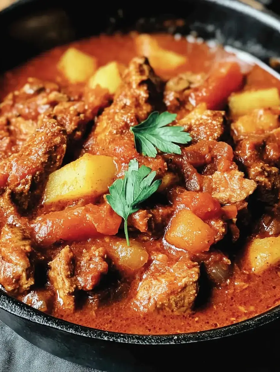 Ein schmackhaftes Fleischgericht mit Tomatensauce, Kartoffeln und Karotten, garniert mit frischer Petersilie.