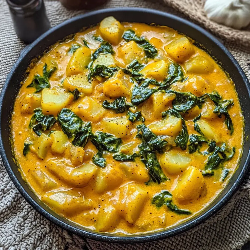 Ein Topf mit Kartoffeln und Spinat in richtig cremiger oranger Soße.