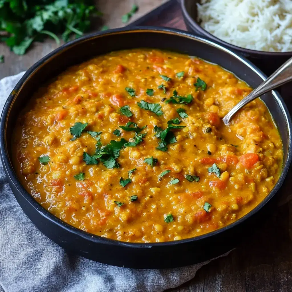 Eine Schale voll farbenfrohem Linsencurry mit frischem Koriander drauf serviert – daneben Reis.