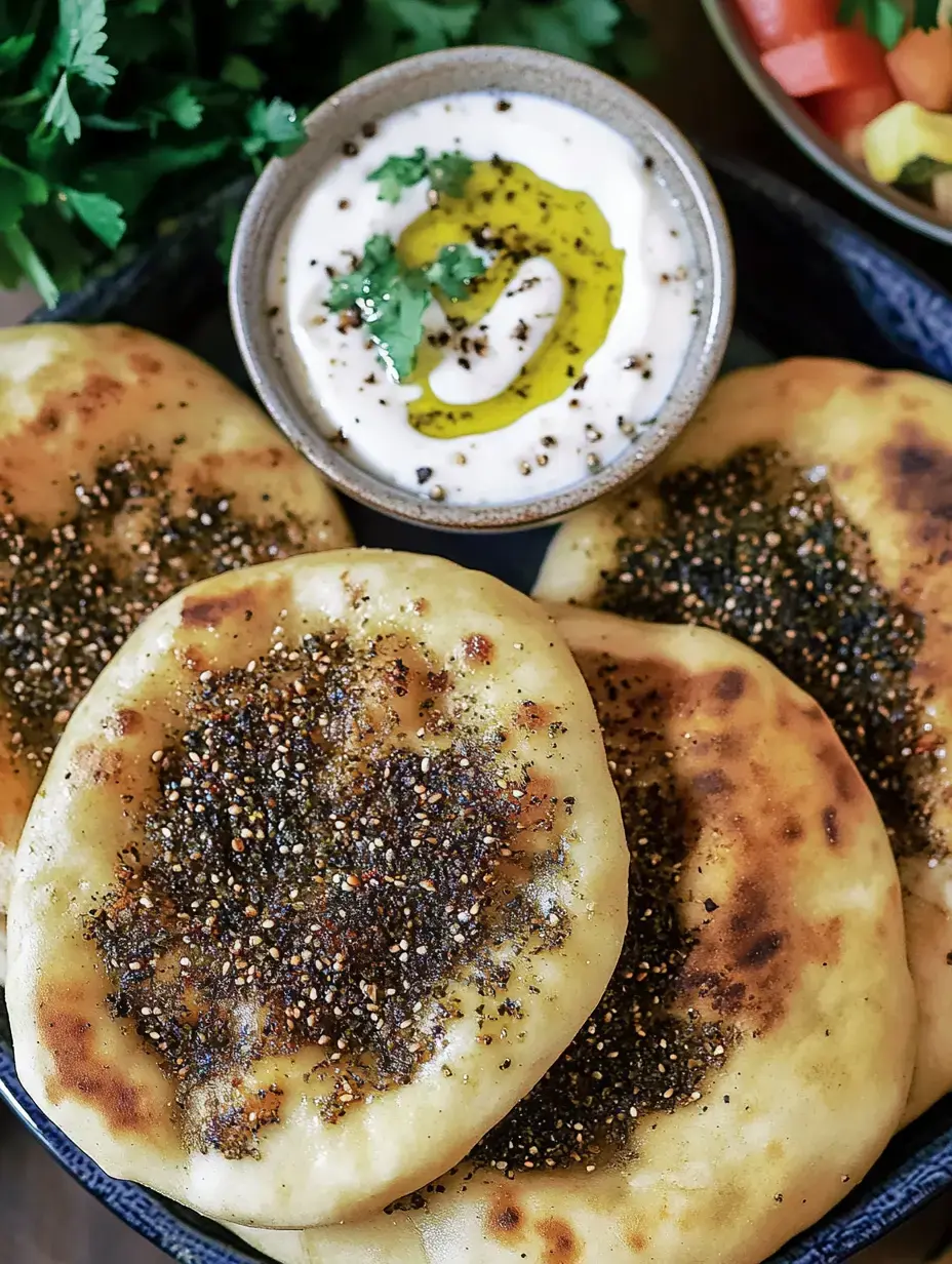 Auf dem Bild sind mehrere flache Brotstücke mit Gewürzen und eine Schüssel mit Joghurt und Öl zu sehen, umgeben von frischem Koriander.