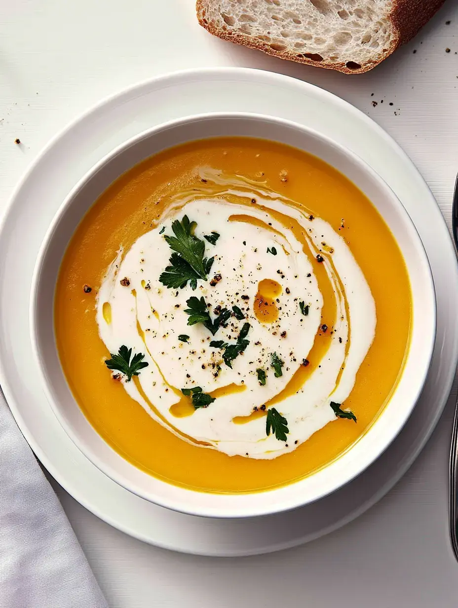 Cremige pürierte Karotten-Kartoffel-Suppe in einer Schale, garniert mit Petersilie und Sahne, dazu Brot.