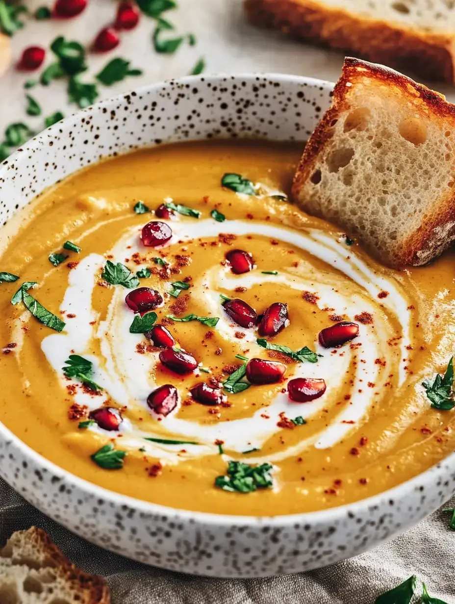 Eine volle Schale cremiger Suppe, verfeinert mit Granatapfel, frischem Grün und dazu ein Stück Brot.