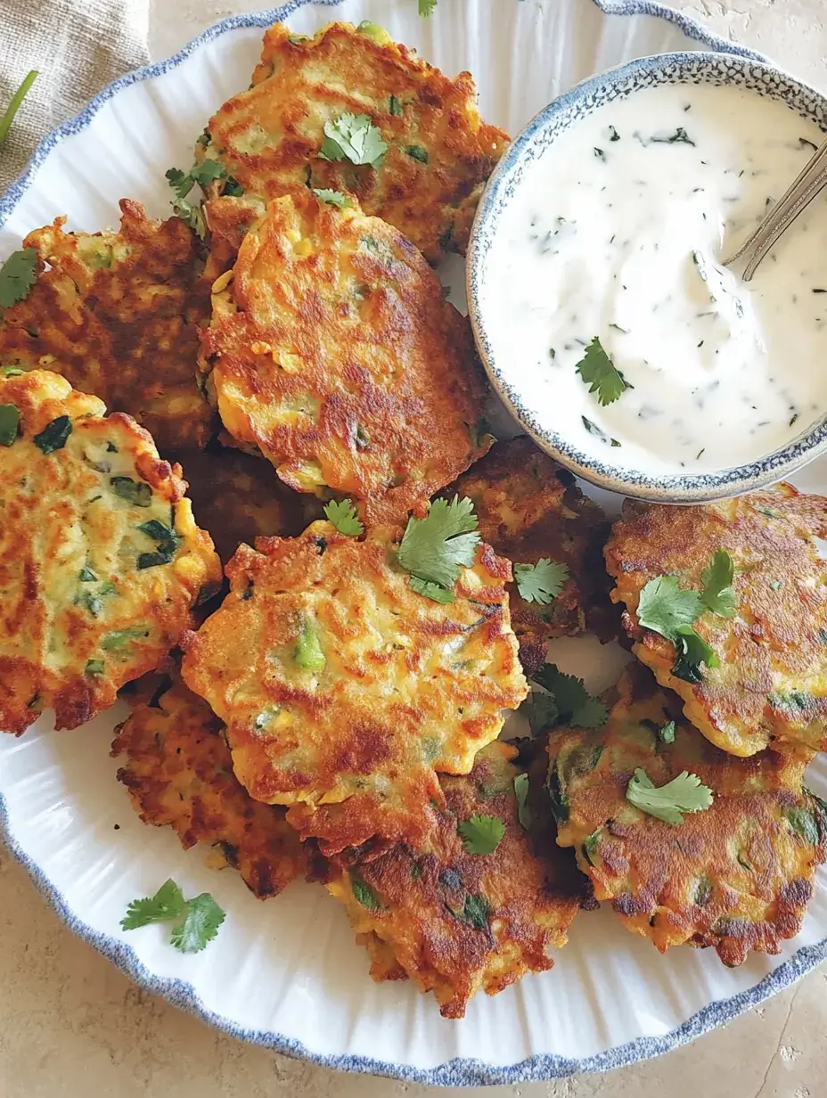 Bunte Gemüse-Fritter auf einem Teller, getoppt mit Koriander und einer Schale Joghurt-Dip.