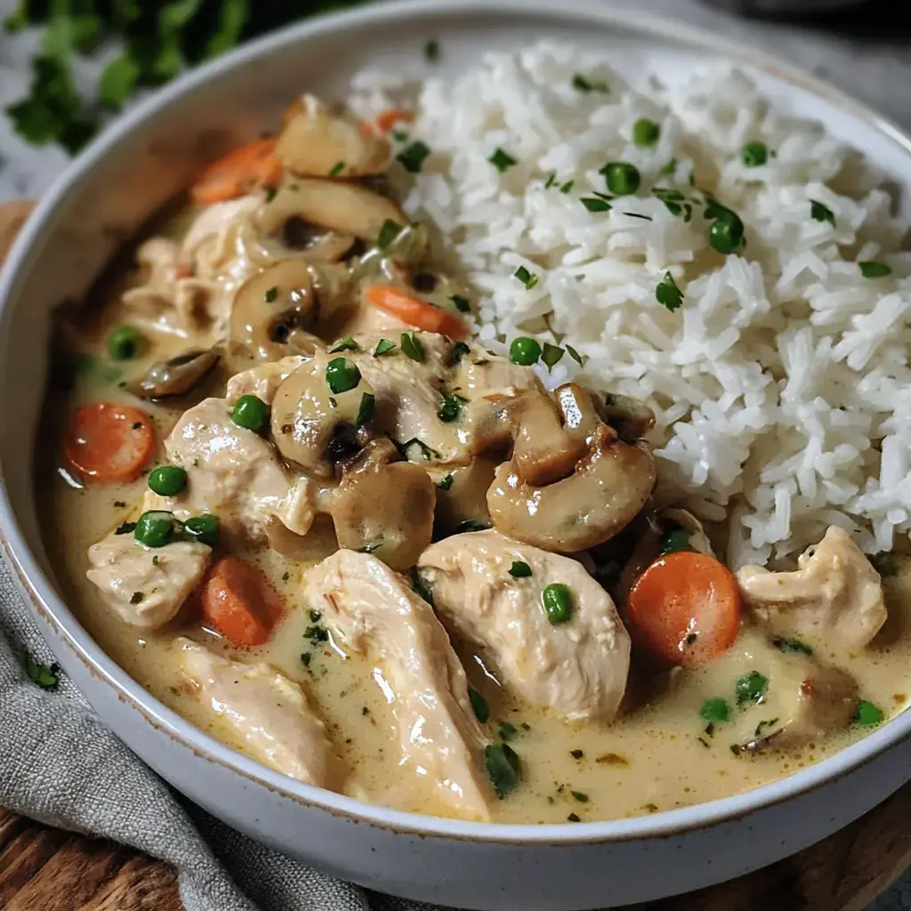 Teller voll mit Hähnchen in einer sahnigen Sauce, dazu Reis, dekoriert mit Erbsen und Karotten.