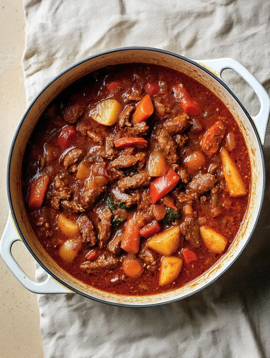 Ein Topf mit herzhafter Rindfleischsuppe, gefüllt mit Gemüse und Kartoffeln, auf einem gedeckten Tisch.
