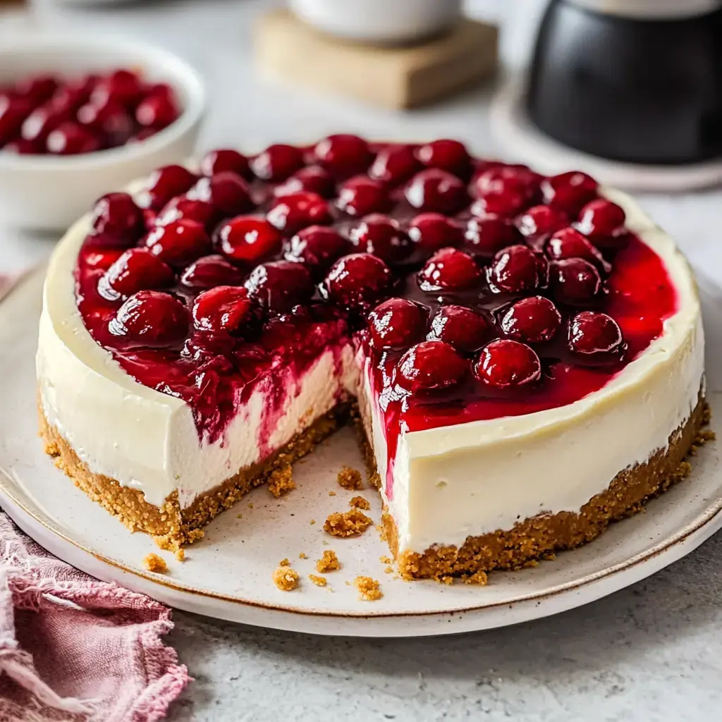 Ein Stück cremiger Kuchen mit Kirschsoße auf knusprigem Boden wurde angeschnitten.