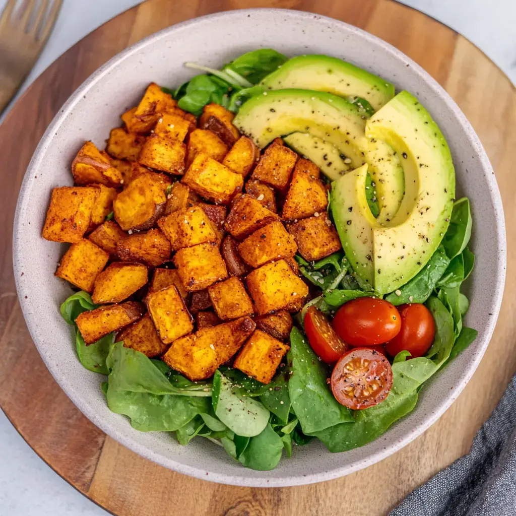 Schüssel mit buntem Salat, gebackenen Süßkartoffeln, Avocado-Streifen und Kirschtomaten obendrauf.