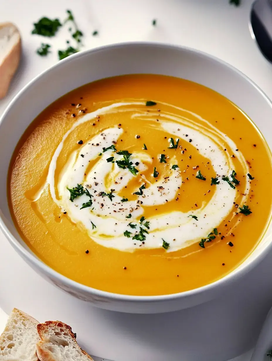 Samtige Karotten-Kartoffel-Suppe in einer weißen Schale, mit Petersilie, Sahne und Pfeffer, Brot daneben.
