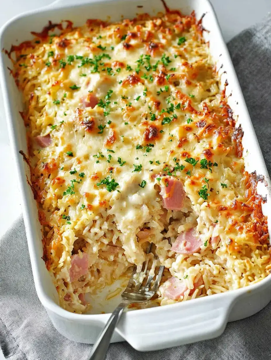 Ein Auflauf mit gebackenem Käse, Schinken und Petersilie ist in einer weißen Auflaufform zu sehen.