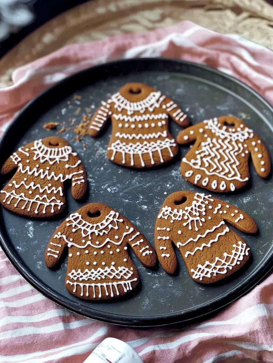 Auf einem Blech liegen vier unterschiedliche Lebkuchen in Pulliform, süß mit Zuckerguss garniert.