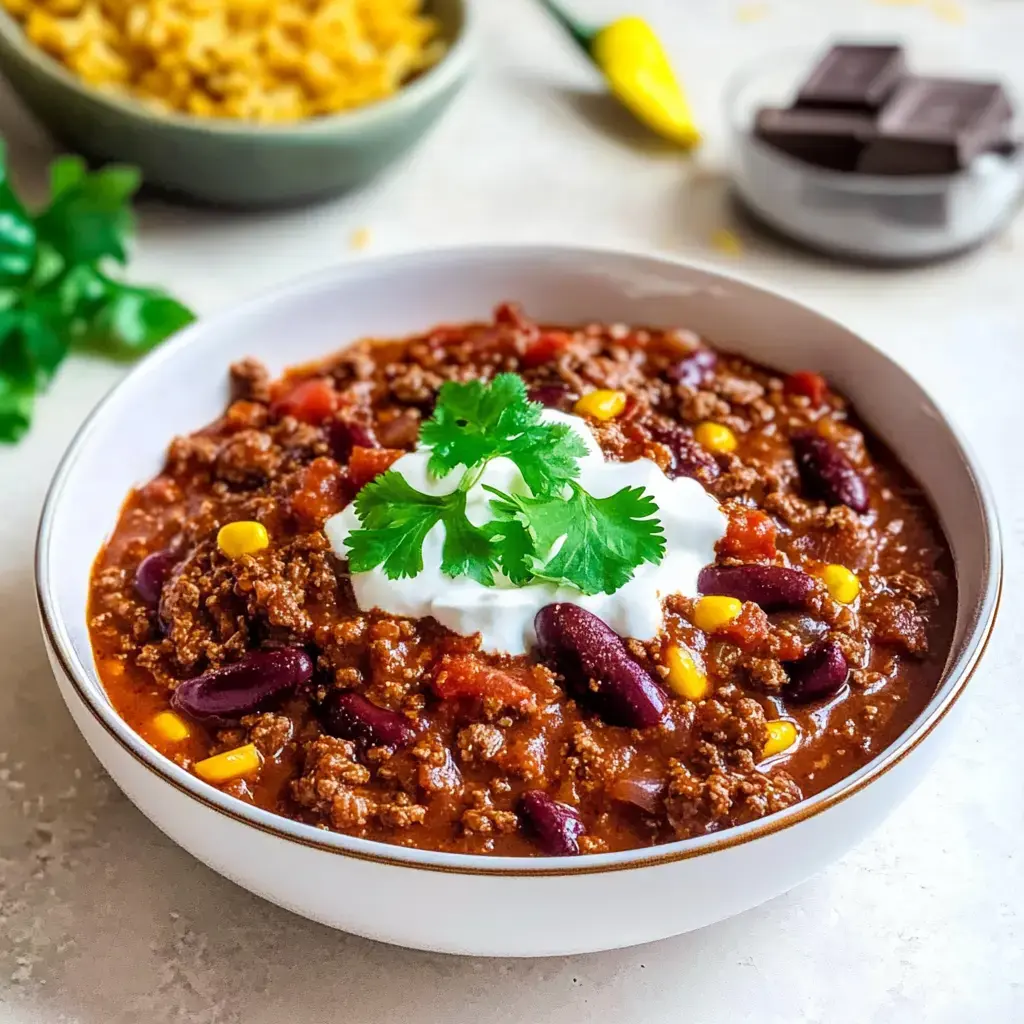 Ein voller Teller Chili mit frischem Sauerrahm und Petersilie. Drumherum liegen Bohnen und Mais.