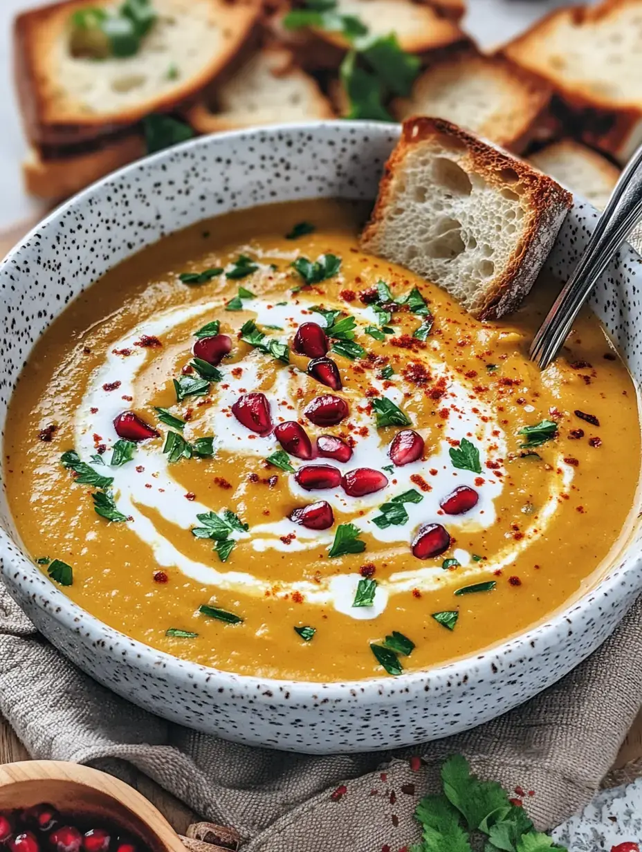 Eine große Schale mit orangener Suppe, oben drauf Koriander, Granatapfel und Sahne, dazu frisches Rösch-Brot.