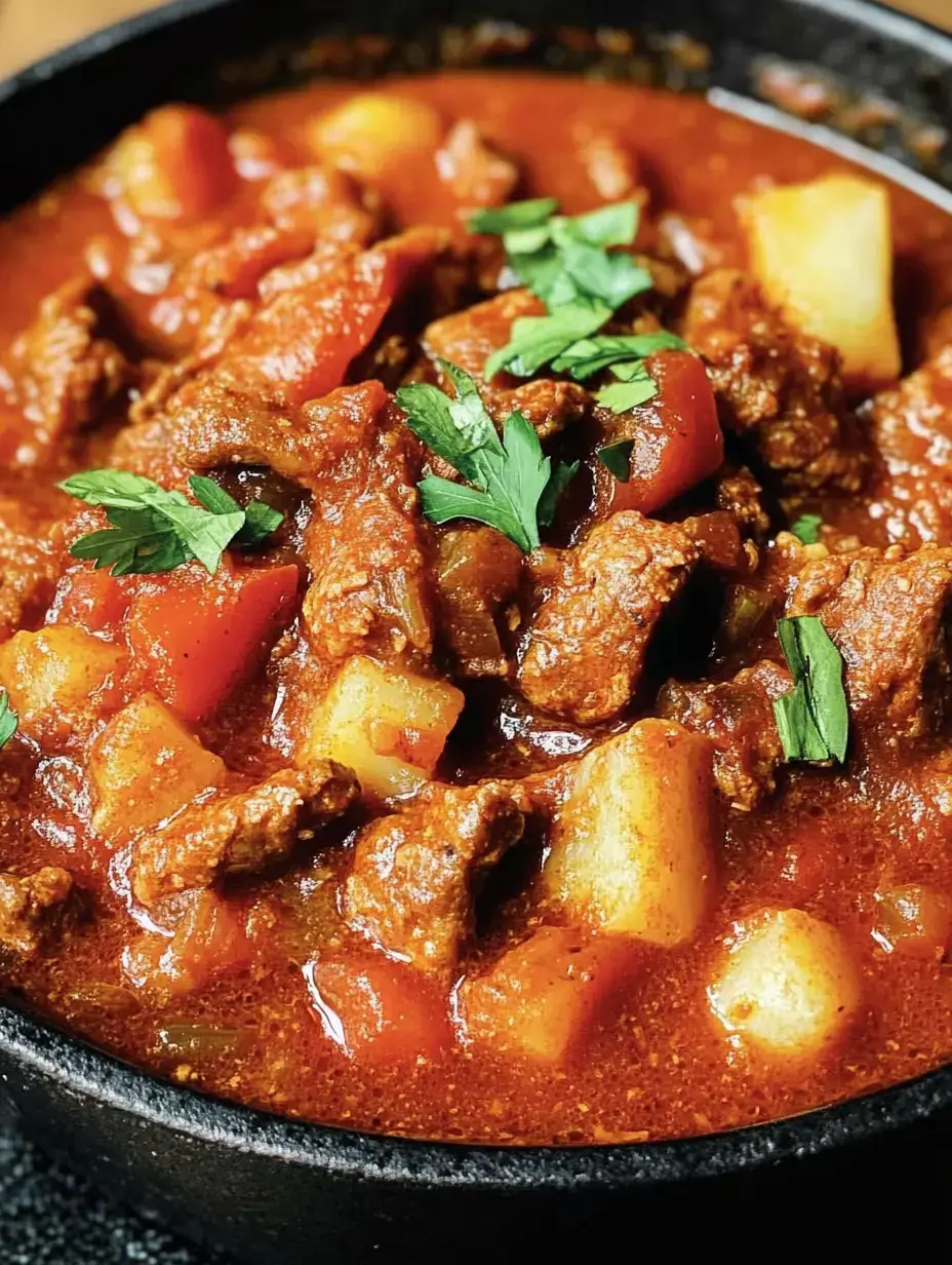 Ein herzhaftes Eintopfgericht mit Fleisch, Paprika, Kartoffeln und frischen Kräutern in einer roten Sauce.