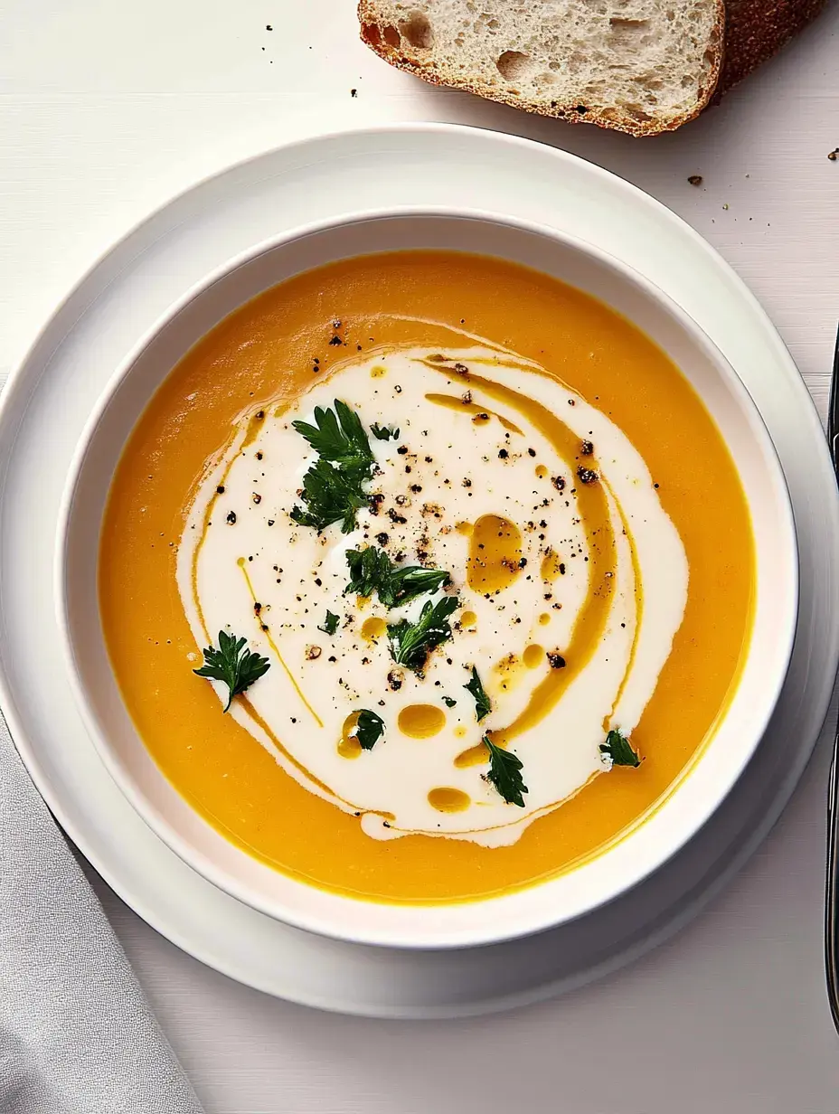 Eine Schale Karotten-Kartoffel-Suppe mit Sauerrahm, Olivenöl, Pfeffer und Petersilie, dazu Brot.