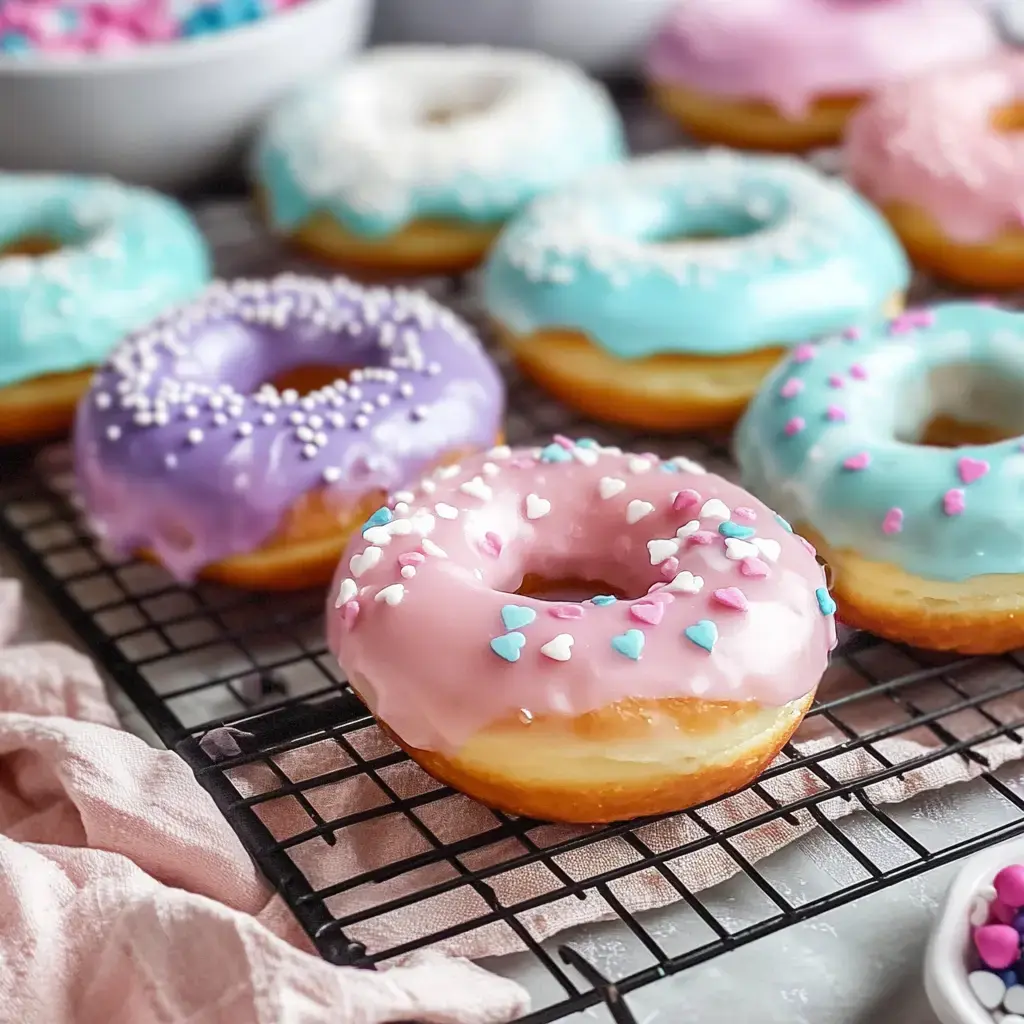 Verschiedenfarbige, bunt verzierte Donuts mit Streuseln auf einem Gitter.