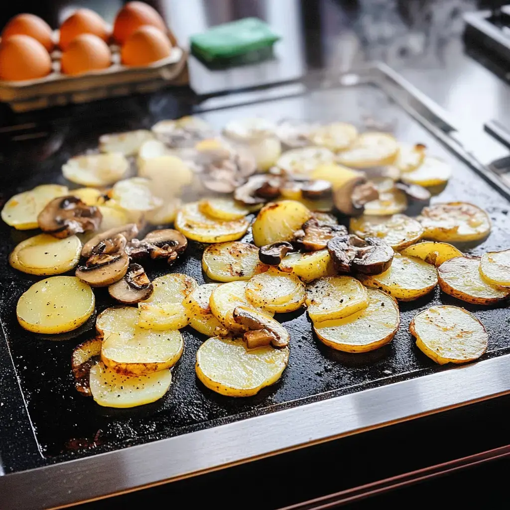 Bratkartoffeln und Pilze brutzeln vorne auf einer Grillplatte, im Hintergrund steht eine Schachtel Eier.