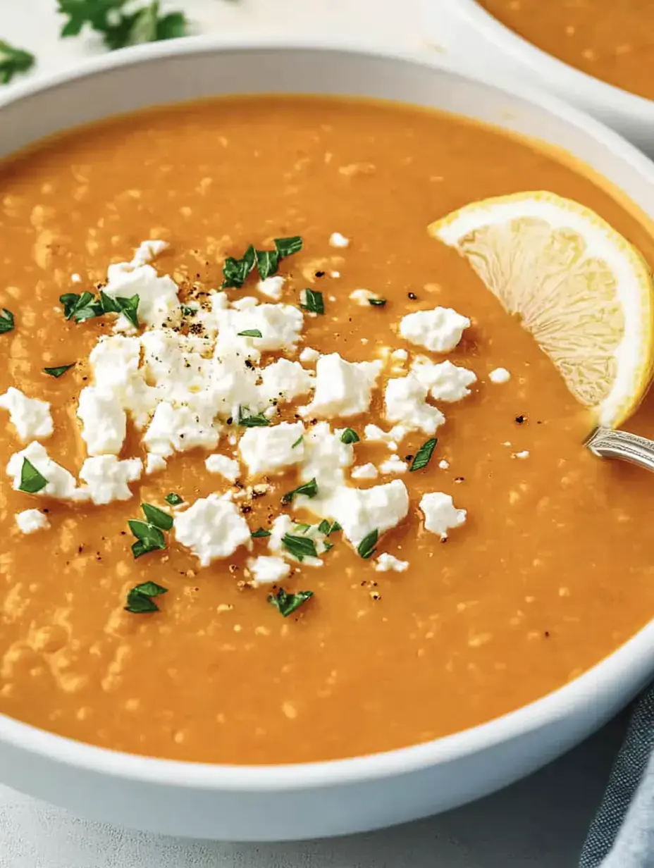 Köstliche orange Suppe mit weißem Käsehäubchen, Koriander und Zitronenscheibe in einer Schüssel.