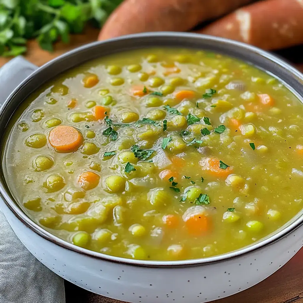 Eine große Schale Erbsensuppe, obendrauf frischer Koriander und Karottenstücke, im Hintergrund leicht verschwommen Süßkartoffeln auf dem Tisch.