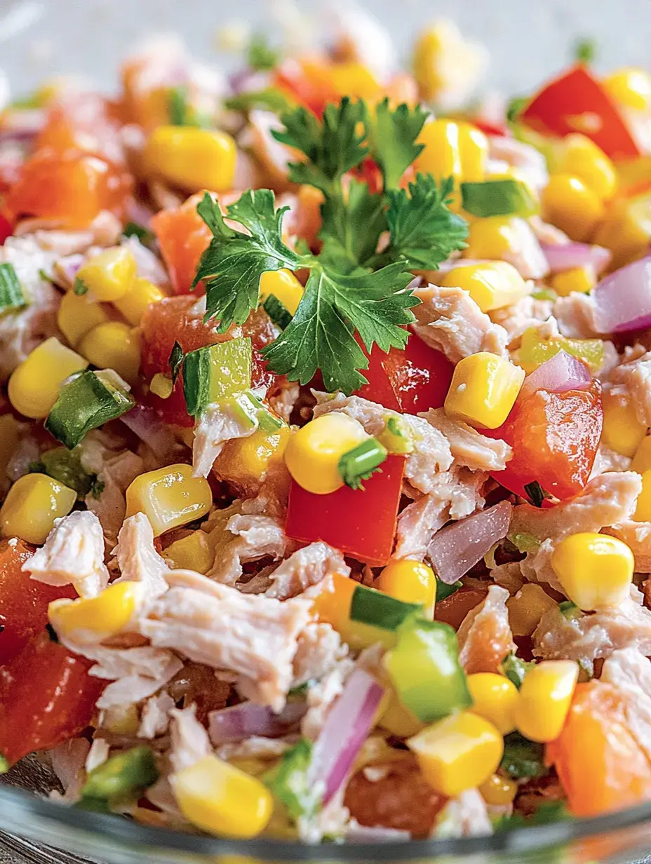 Eine Schüssel voller bunter Zutaten: Hähnchenstücke, Tomaten, Paprika, Mais und Zwiebeln. Frischer Koriander liegt drauf.