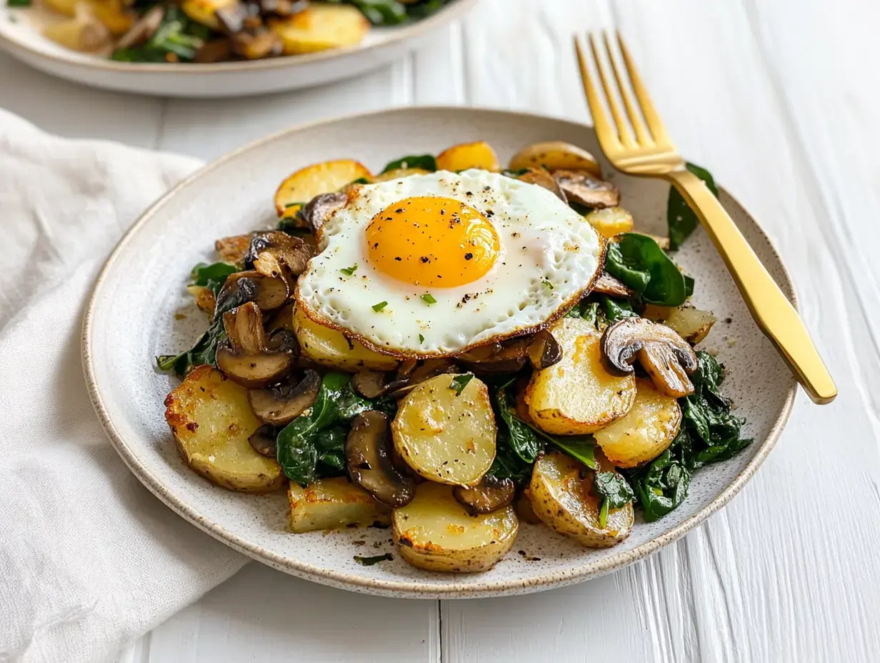 Gebratene Kartoffeln, Spinat und Champignons auf einem Teller, getoppt mit Spiegelei.