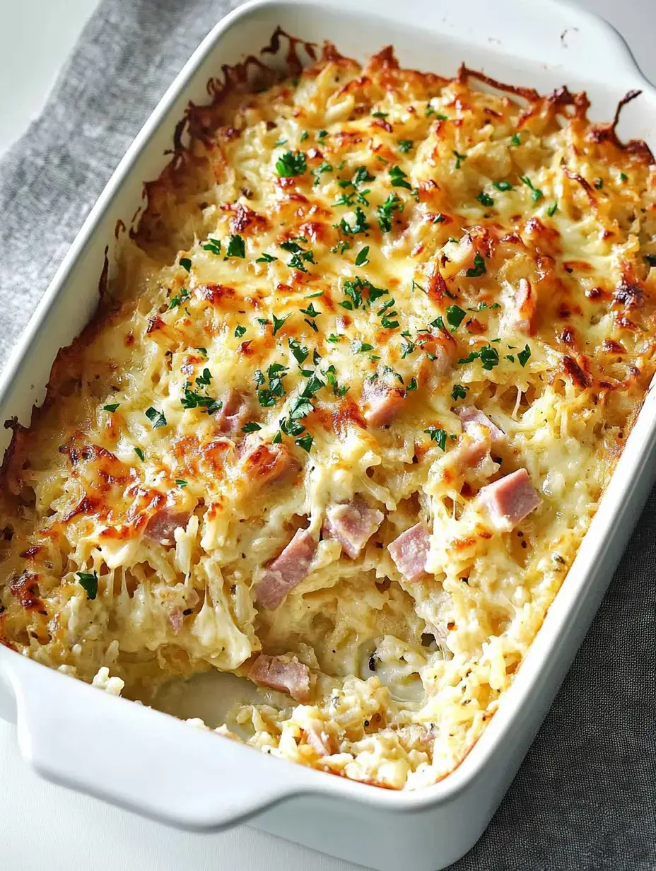 Ein goldbraun gebackenes Auflaufgericht mit Kraut, Schinken und Käse, garniert mit frischer Petersilie.