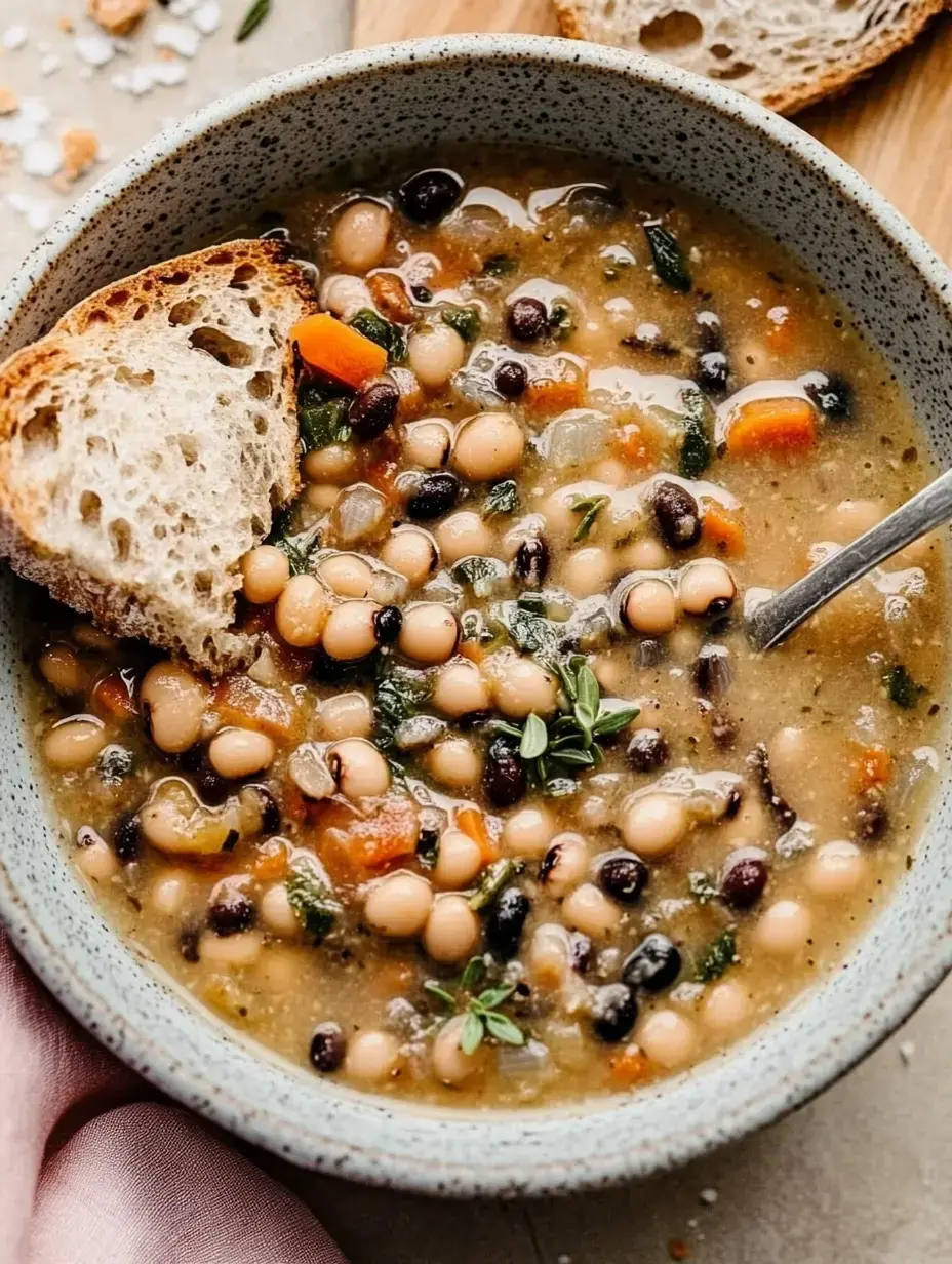 Eine Schüssel mit einer herzhaften Bohnensuppe, die weiße und schwarze Bohnen sowie Gemüse enthält, begleitet von einem Stück Brot.