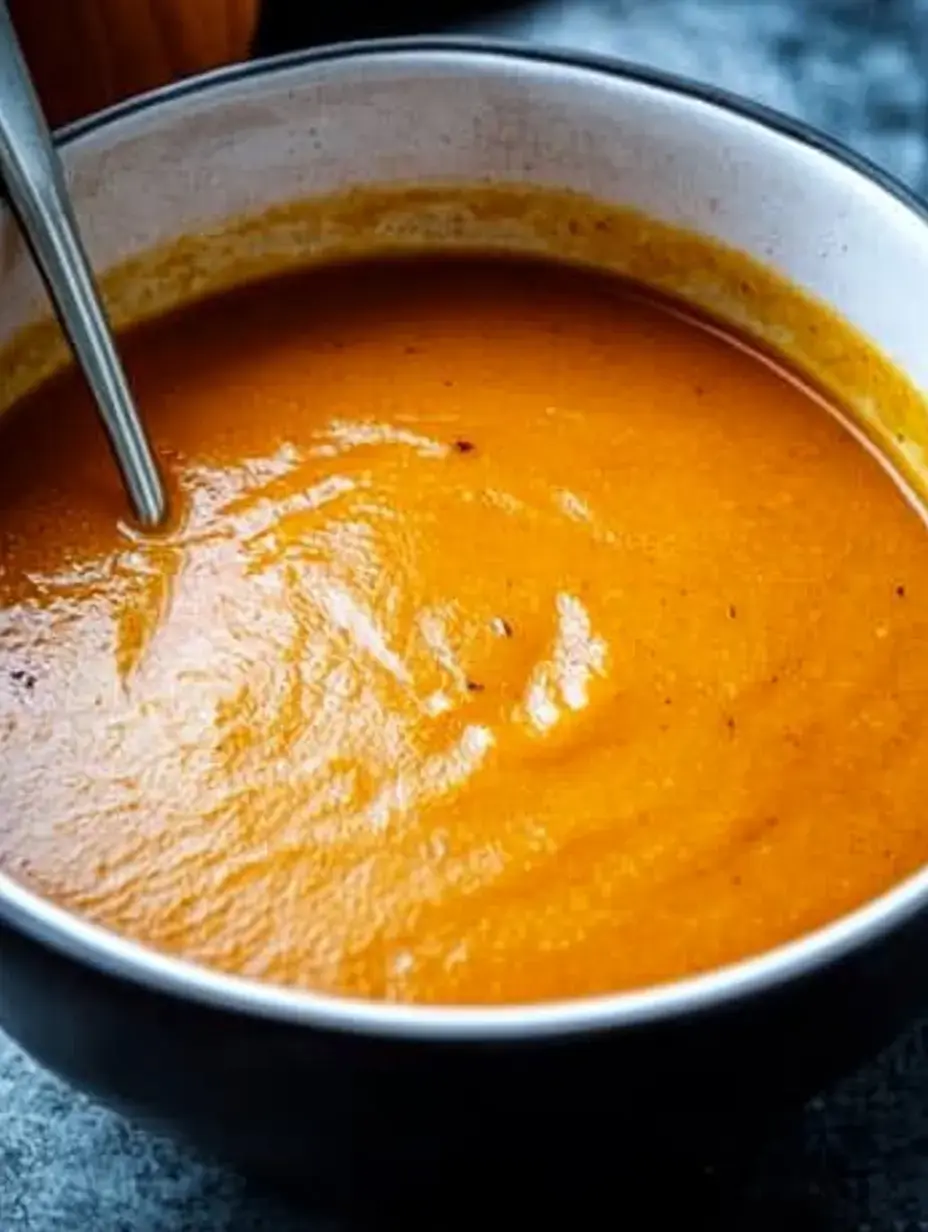 Schwarzer Teller mit samtig-orangener Suppe und einem Löffel.