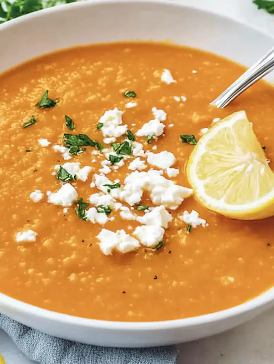 Cremige orange Suppe, frische Kräuter darauf und Krümel von weißem Käse plus einer Zitronenscheibe, hübsch angerichtet.