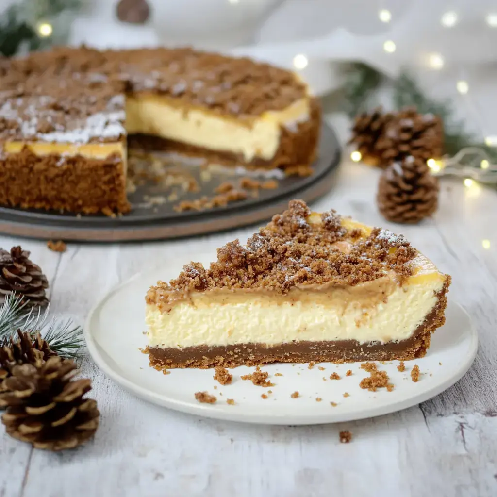 Ein saftiges Stück Cheesecake mit Streuseln, daneben Zapfen und Lichter – voll die Winter-Vibes.