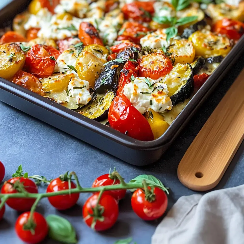 You see ein Tablett mit gebackenem Gemüse, etwa Zucchini, Tomaten, Feta und ein bisschen Kräuter obendrauf.