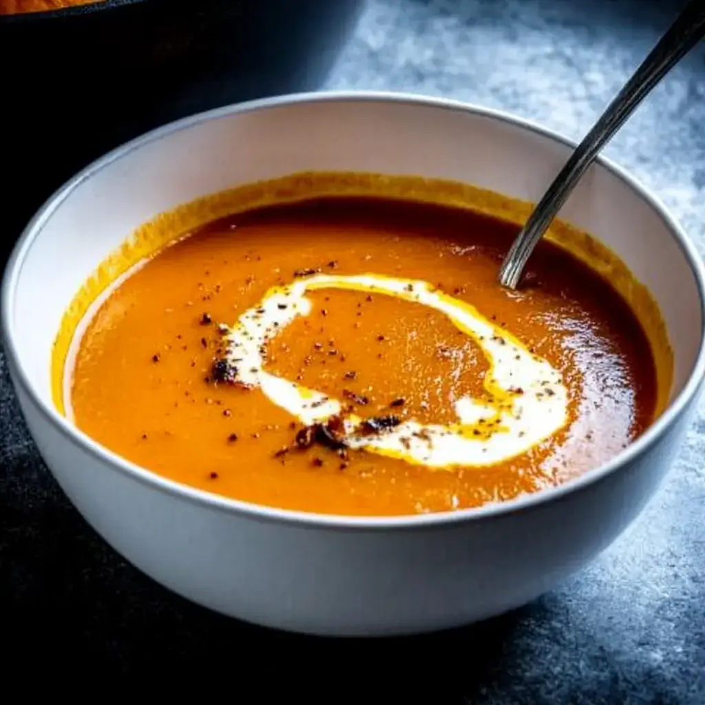 Orangene Suppe in einer Schale mit sahniger Spirale und Gewürzen garniert.