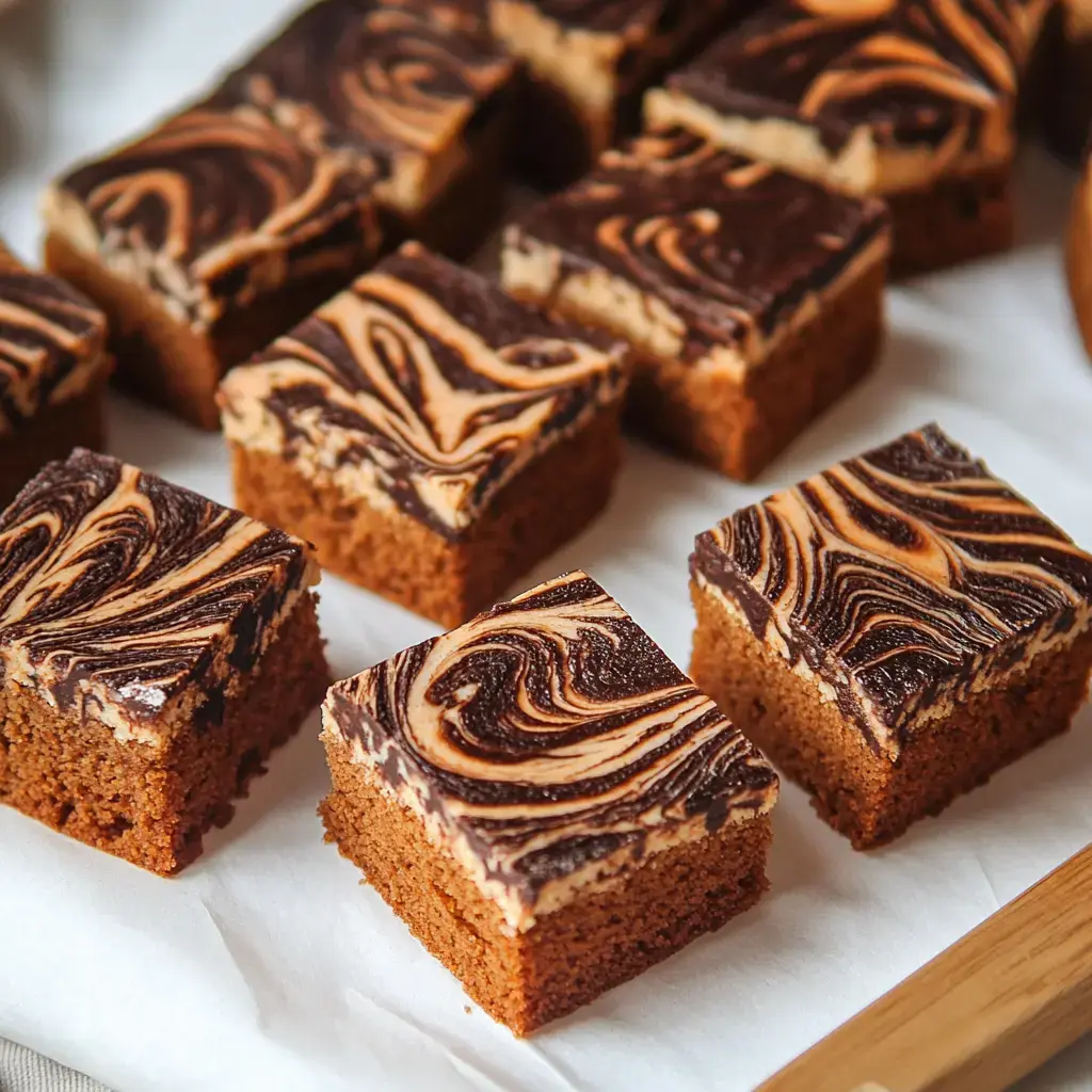 Hier sieht man dicke, rechteckige Stücke vom Kuchen, mit glänzender Schoko-Marmor-Glasur obendrauf.