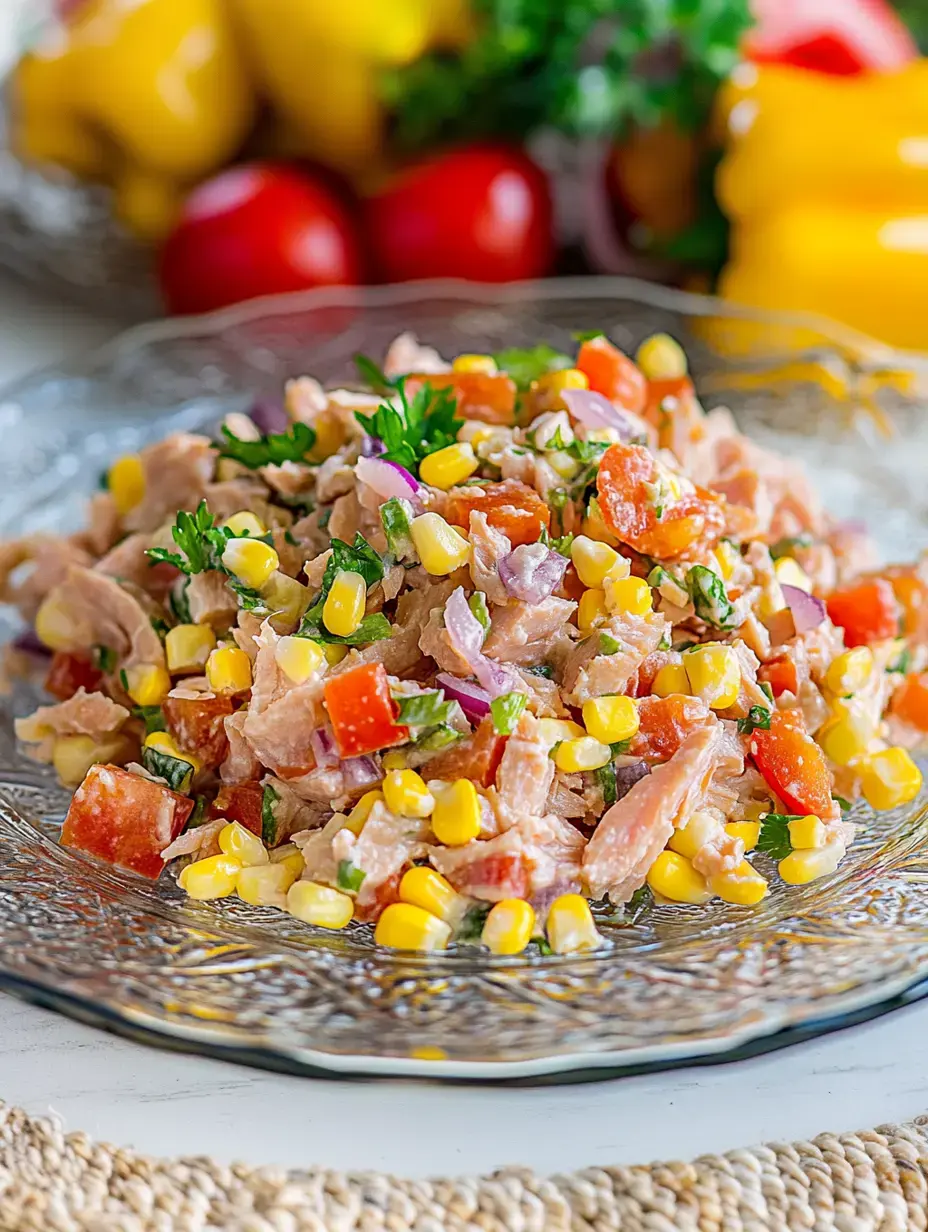 Thunfisch, Mais, Tomaten, Zwiebeln und Kräuter kunterbunt auf einem tollen Teller angerichtet.