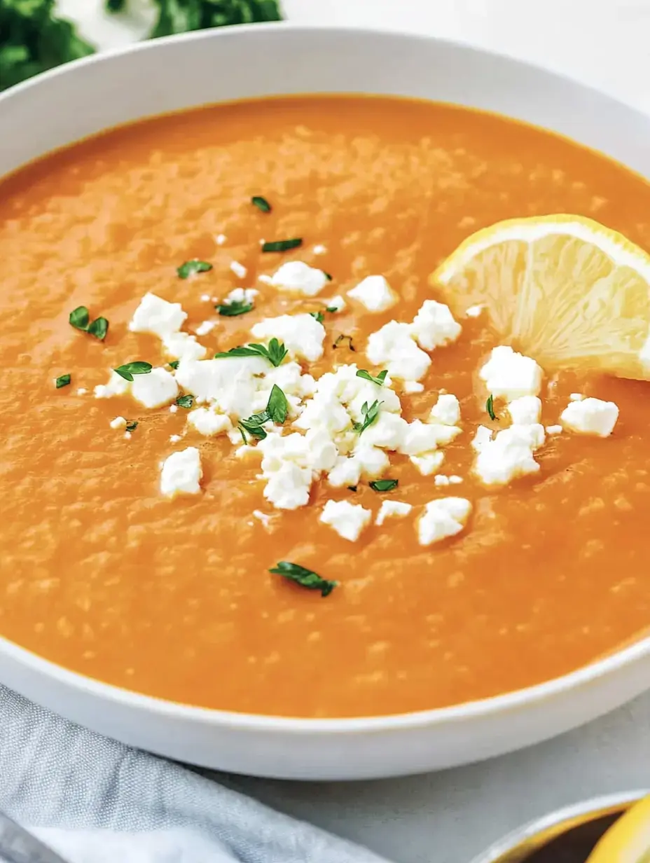 Weiße Schüssel mit cremiger oranger Linsensuppe, Stückchen Feta und Zitronenspalt als Garnitur.