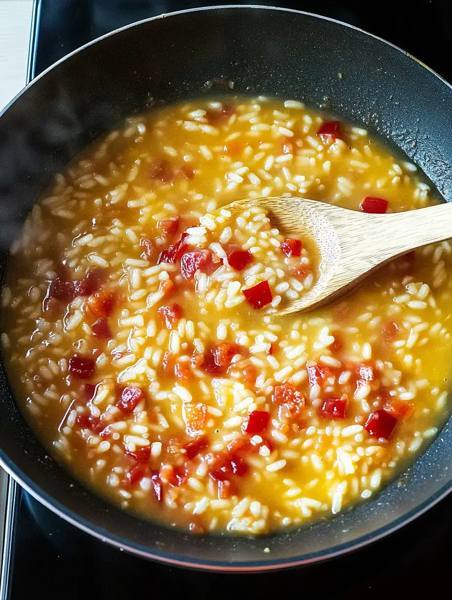 Im Topf köchelt Risotto mit Tomaten, während ein Holzlöffel umrührt.