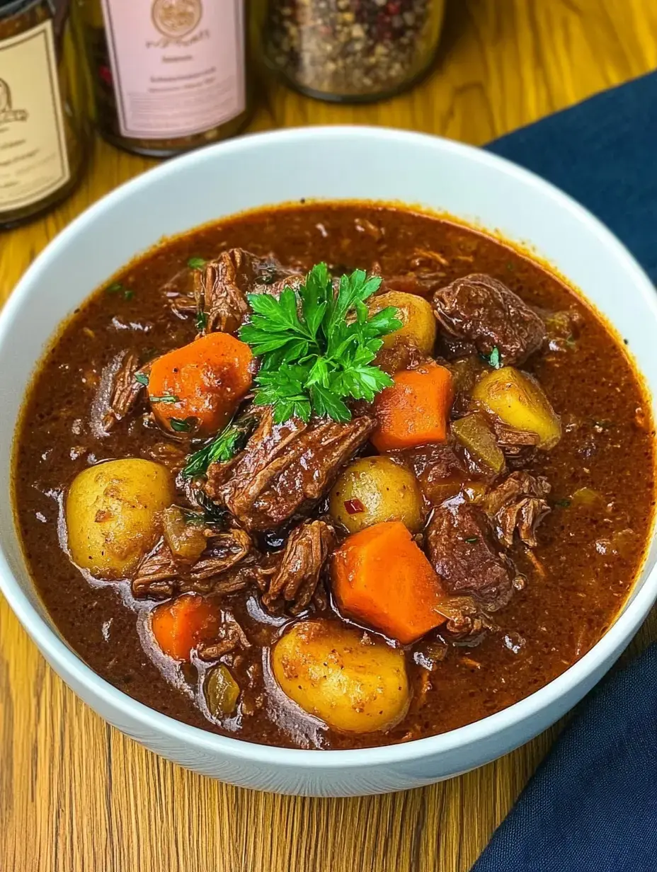 Leuchtende Rindfleischsuppe mit Kartoffeln und Karotten, bestreut mit frischer Petersilie – serviert in einer Schüssel.