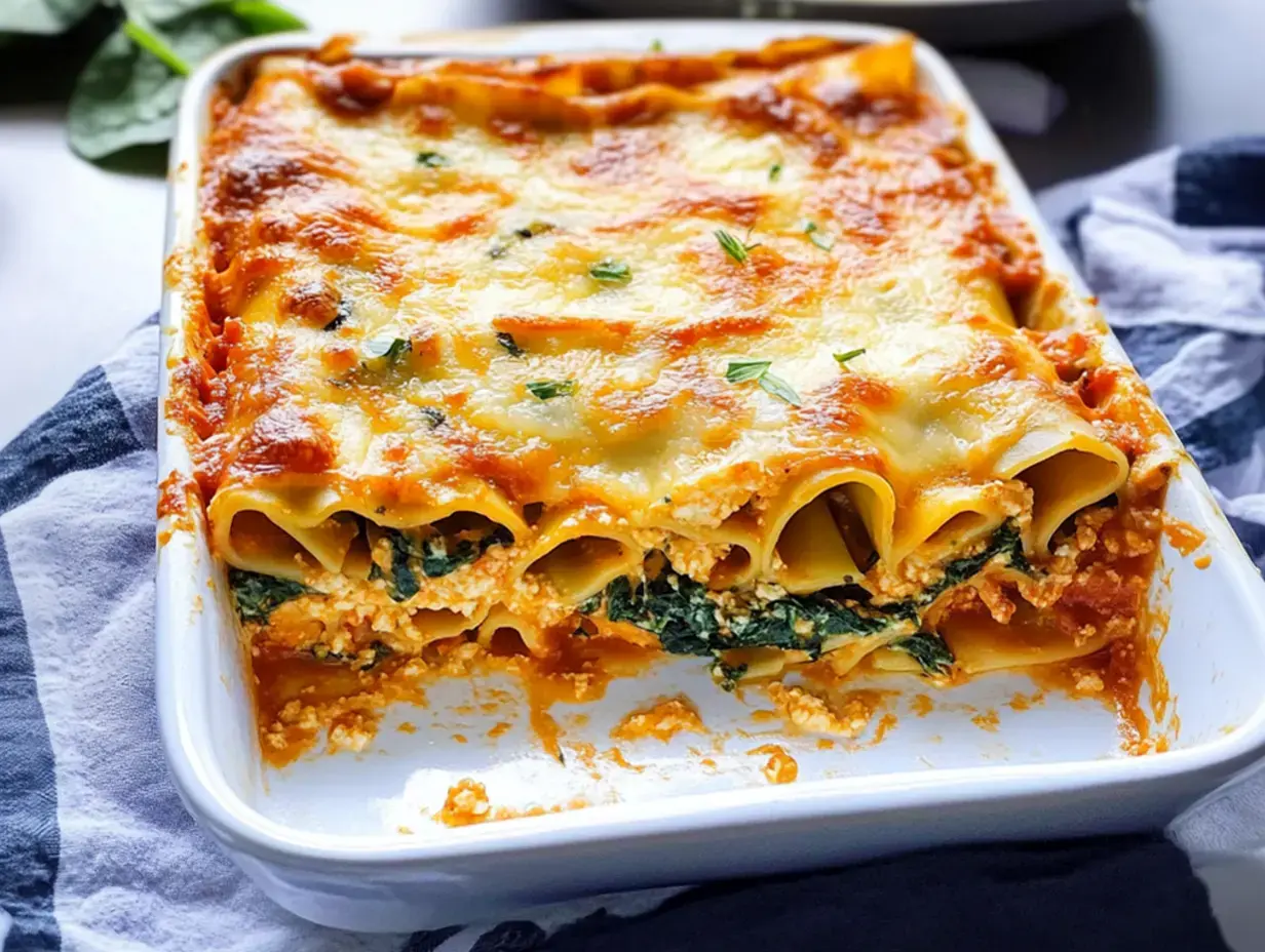 Ein Nudelauflauf mit Spinat und Ricotta, überbacken mit einer goldbraunen Käseschicht.