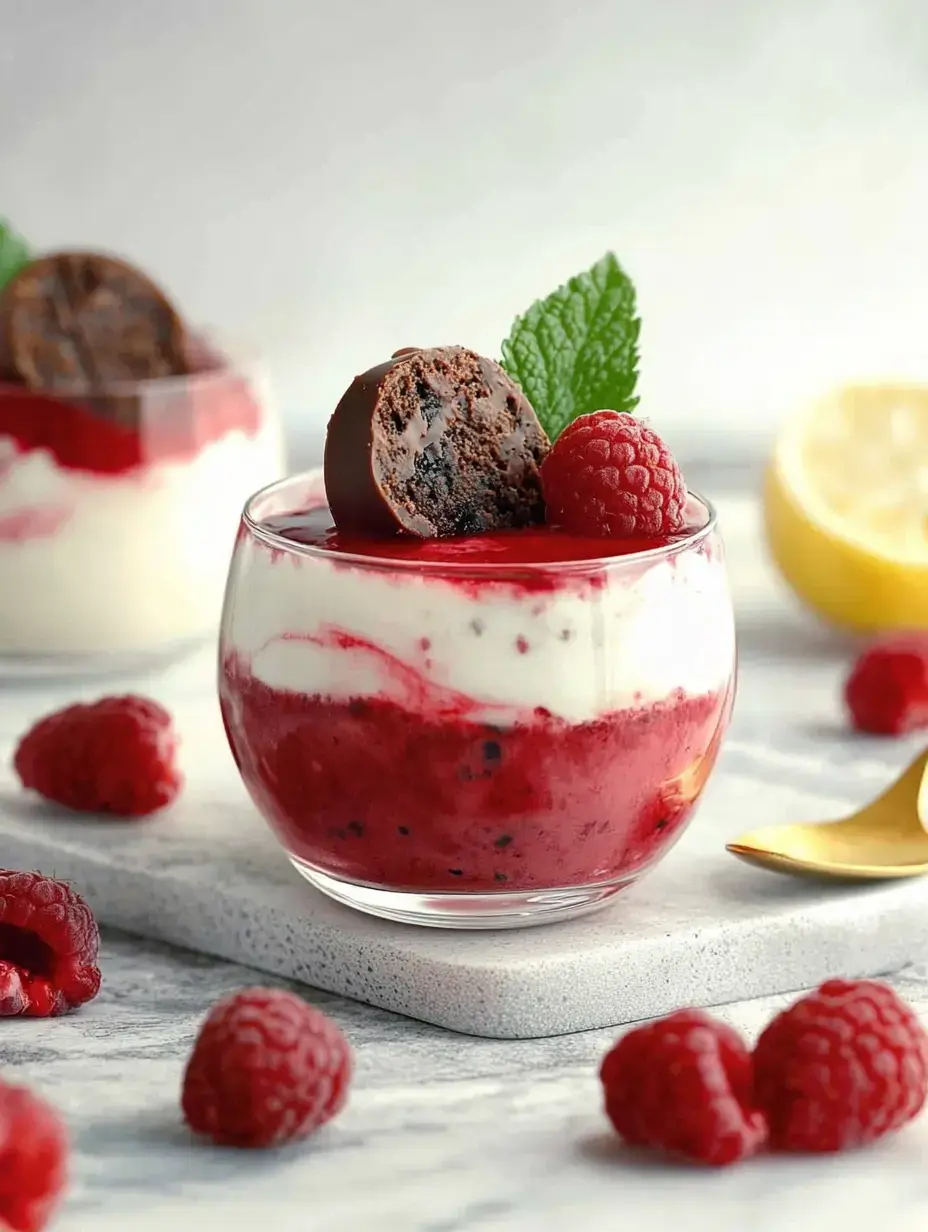Ein Schichtdessert im Glas mit Himbeercreme und weißer Creme, getoppt mit einer Himbeere, Schokolade und Minze auf einem grauen Teller.
